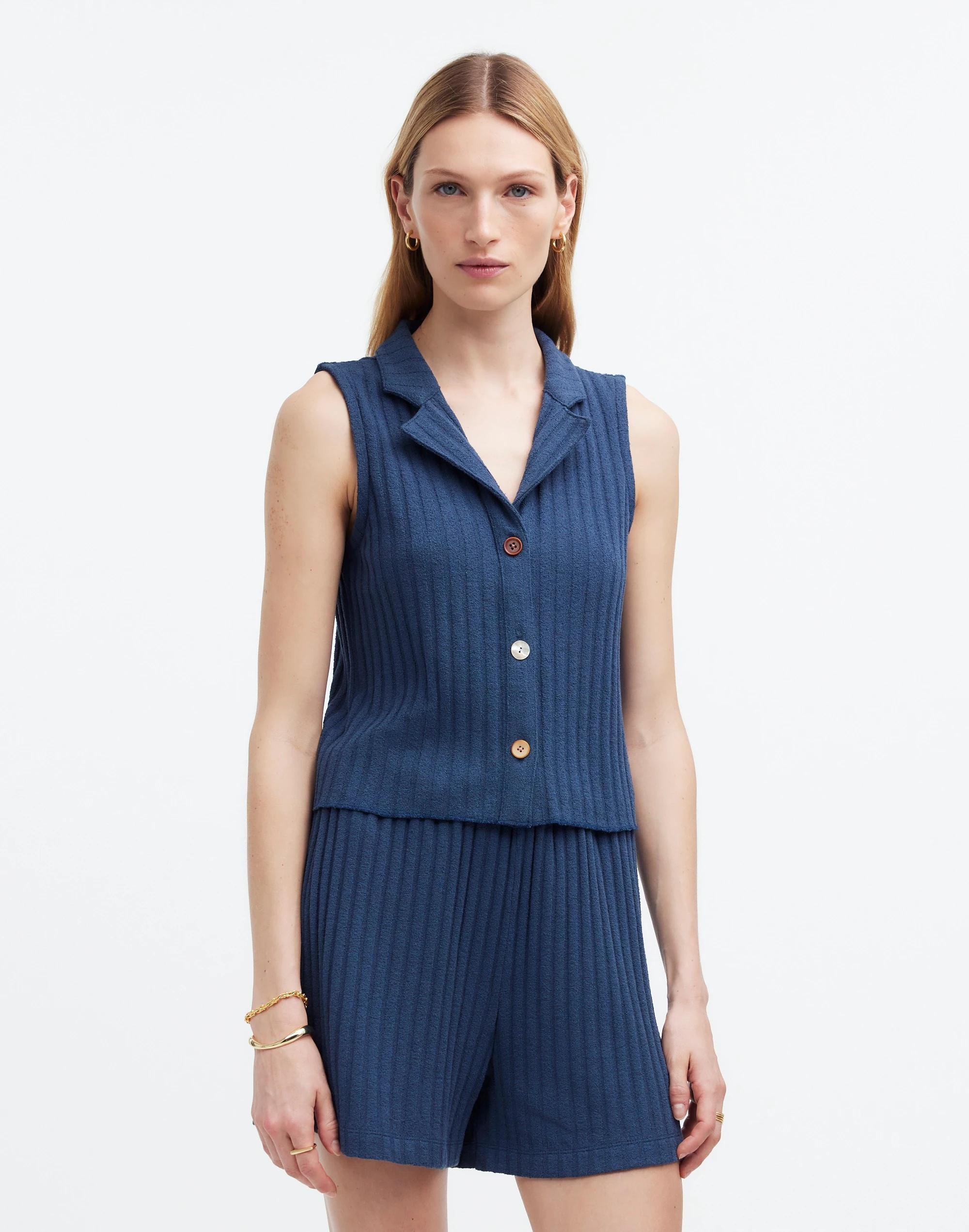 Mixed-Button Ribbed Polo Tank Product Image