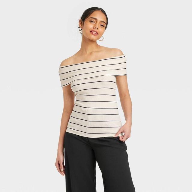 Womens Slim Fit Short Sleeve Off the Shoulder Top - A New Day White/Navy Striped XS Product Image