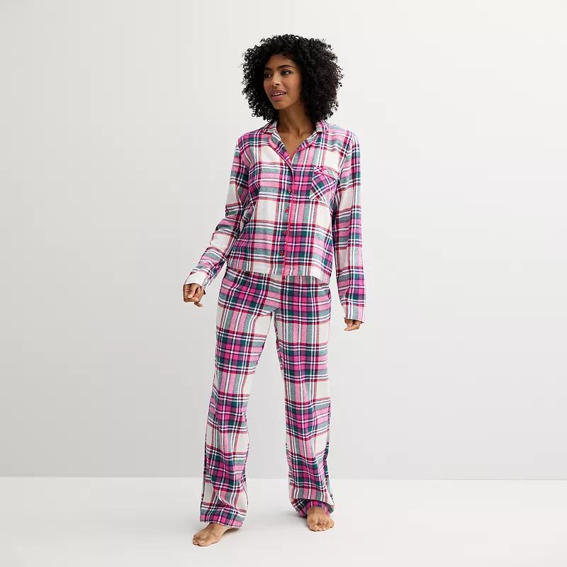 Womens Sonoma Goods For Life Flannel Notch Pajama Top & Pajama Pants Set Ivory Everyday Plaid Product Image