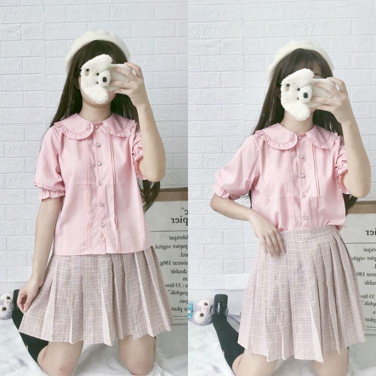 Puff-Sleeve Plain Ruffle Trim Button-Up Blouse Product Image