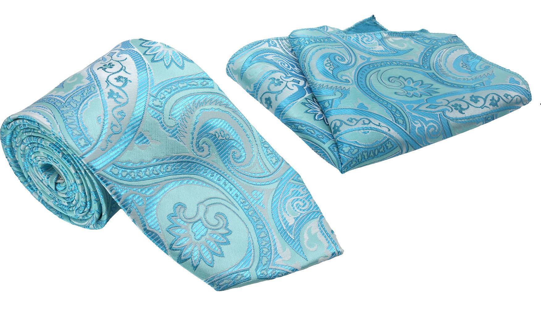 Turquoise Blue Floral Pattern Men's Classic Tie and Pocket Square Set Male Product Image