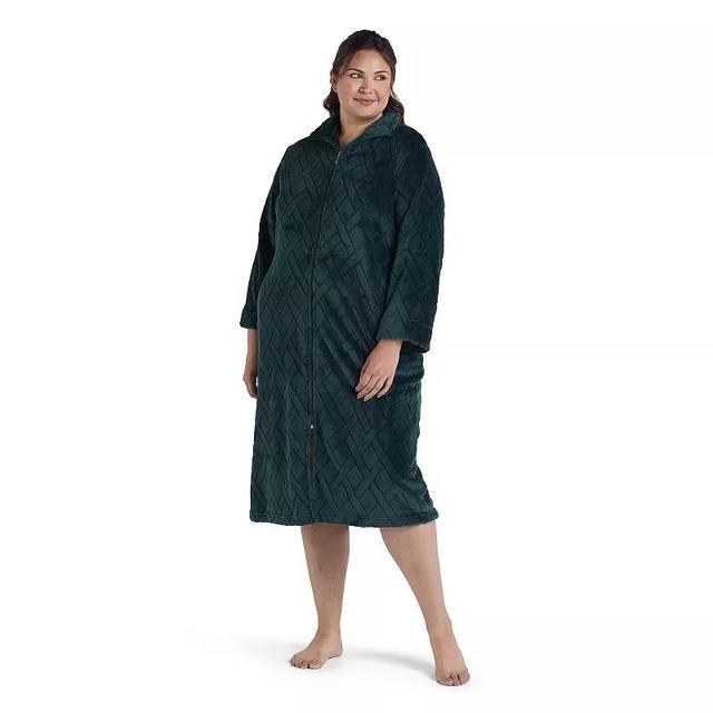 Plus Size Miss Elaine Essentials French Fleece Long Zip Robe, Womens Green Product Image