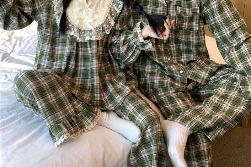 Couple Matching Long-Sleeve Notch Neck Plaid Lace Panel Pajama Top / Lapel Collar Button-Up Top / Pants / Set (Various Designs) Product Image