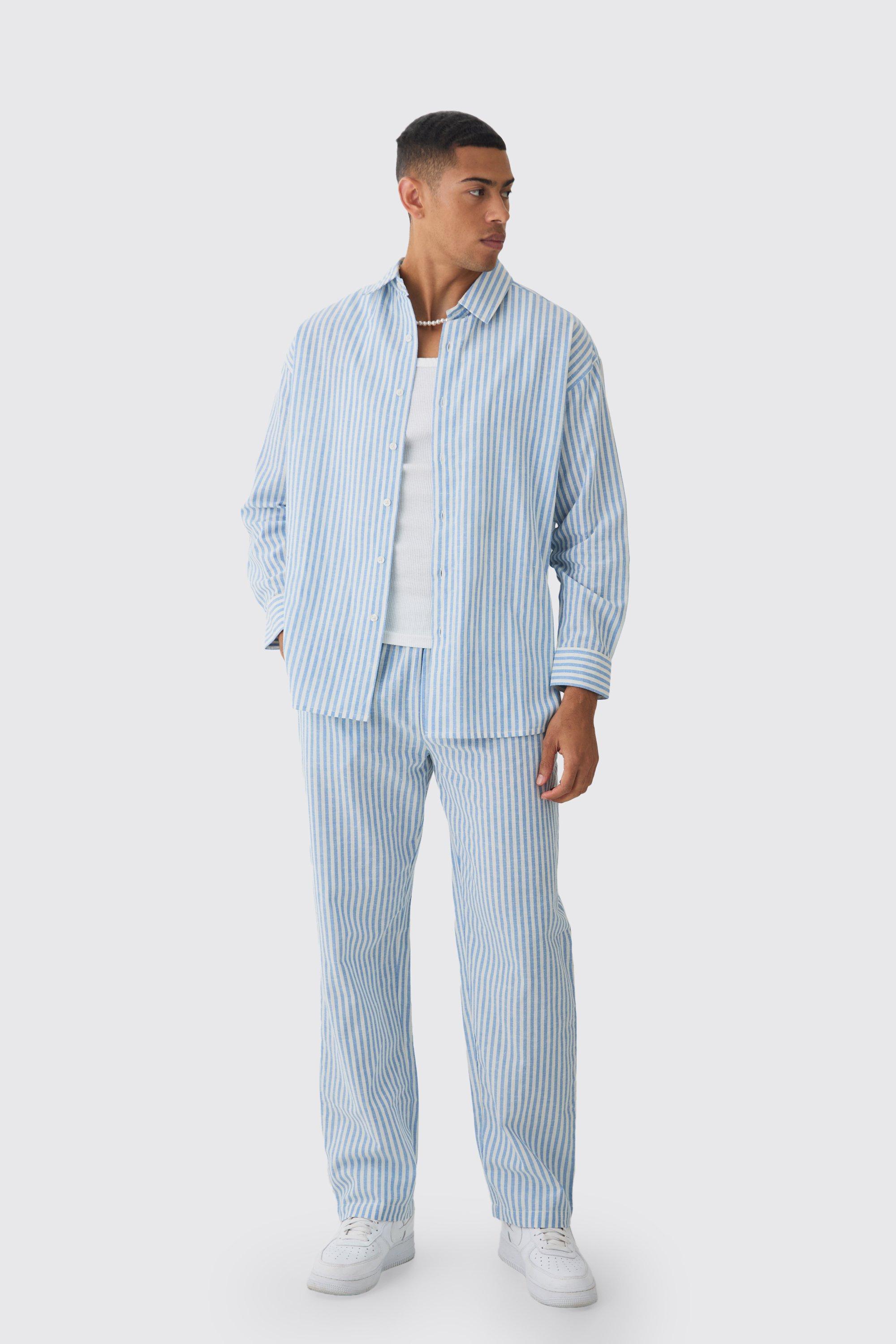 Mens Oversized Long Sleeve Striped Shirt & Trouser Set In Light Blue, Blue Product Image