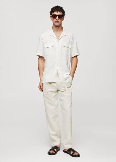 MANGO MAN - Linen shirt with bowling collar and pockets whiteMen Product Image