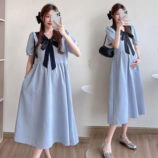 Maternity Short Sleeve Collared Two Tone Bowknot Midi A-Line Dress Product Image