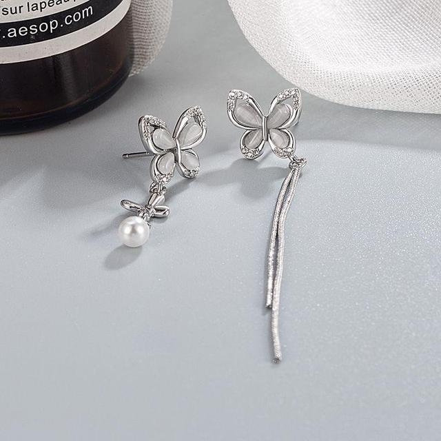 Butterfly Faux Cat Eye Stone Faux Pearl Asymmetrical Alloy Dangle Earring Product Image