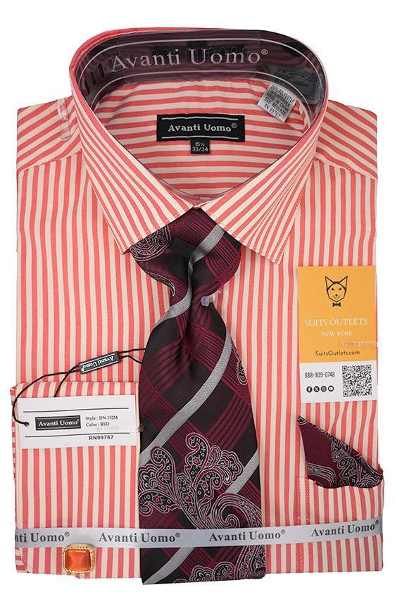 Red and White Striped French Cuff Dress Shirt Set with Tie, Cuff Links and Pocket Square Product Image