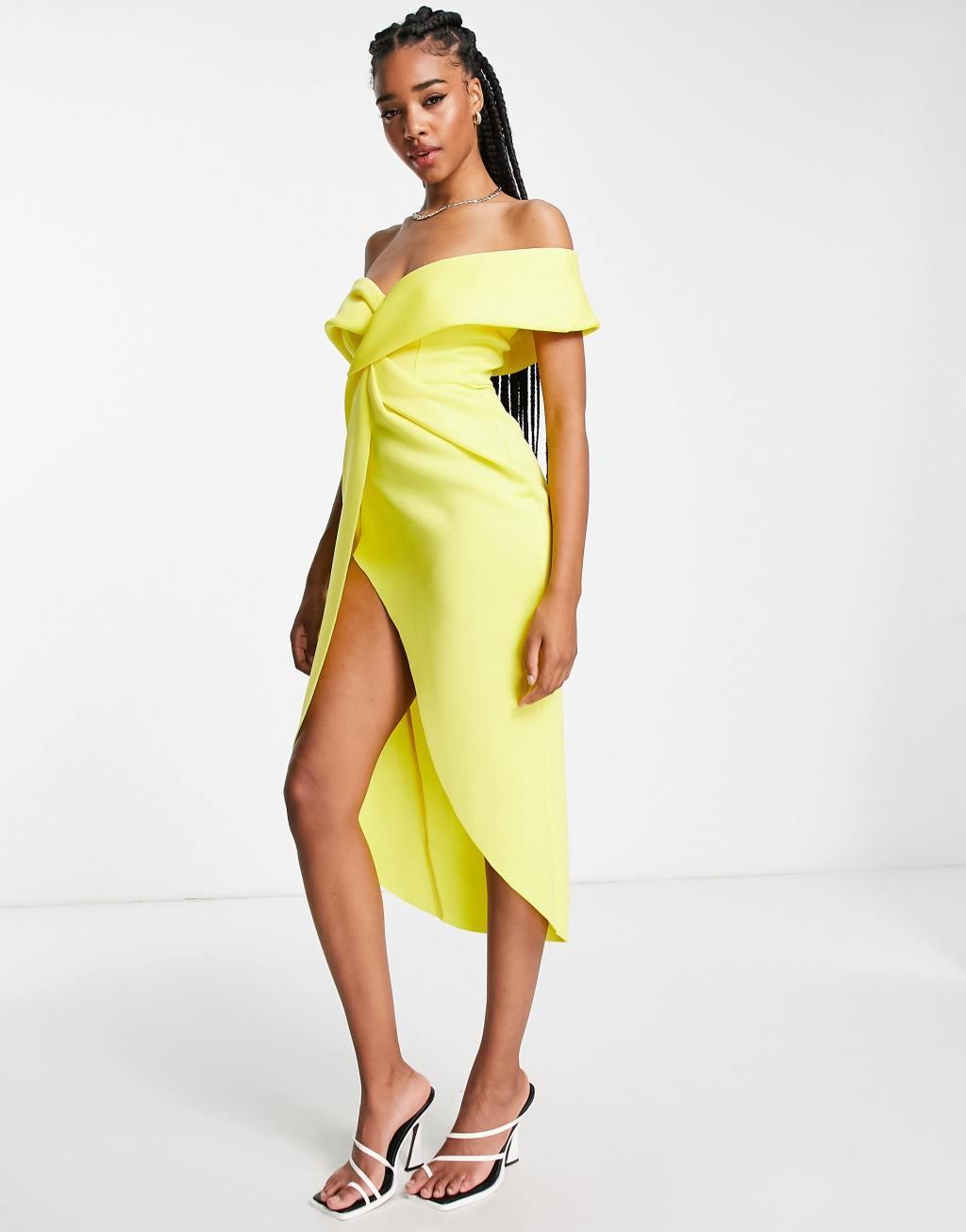 ASOS DESIGN Tall off shoulder twist front wrap midi pencil dress in lemon Product Image