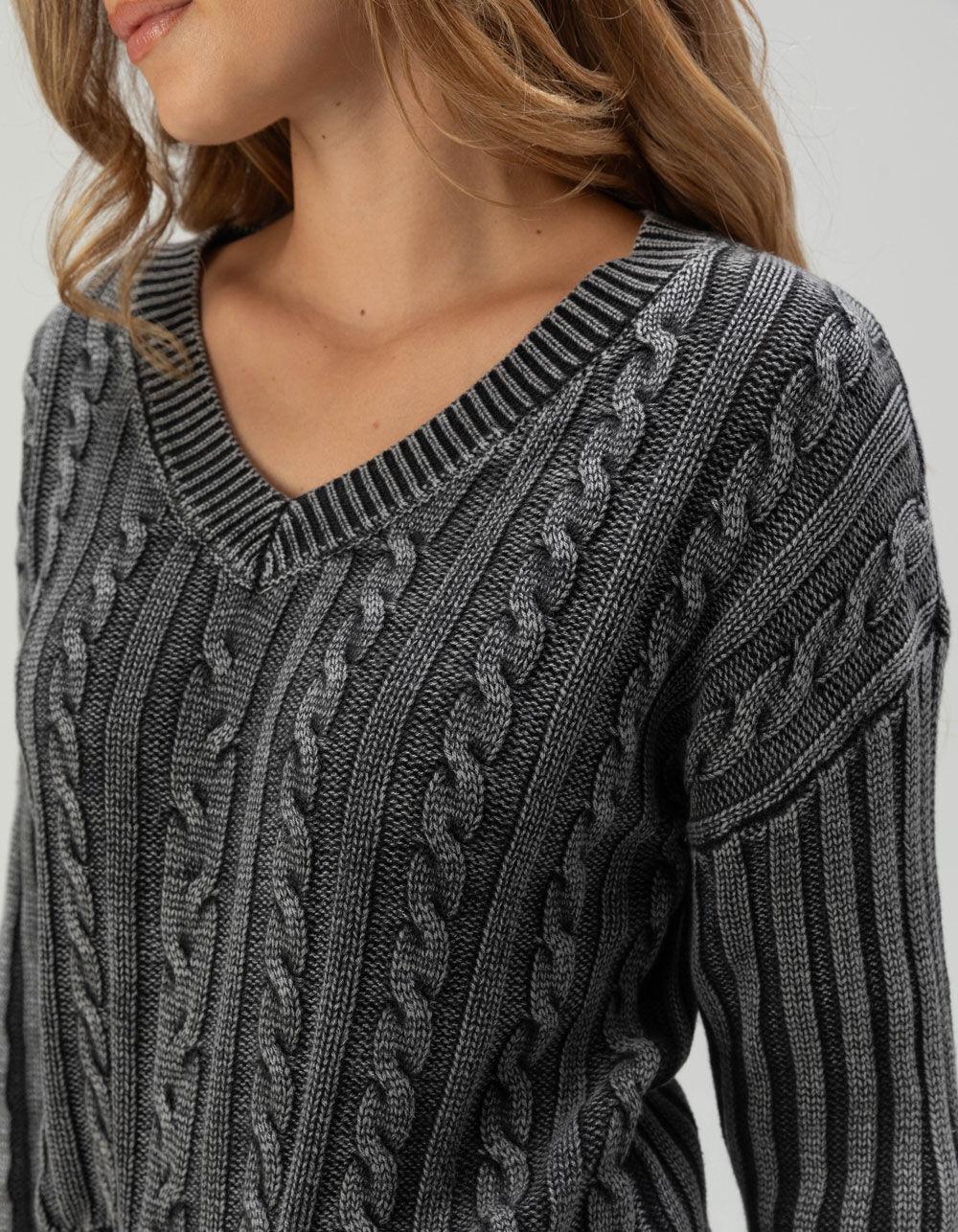 RSQ Womens Washed Cable Knit V-Neck Sweater Product Image