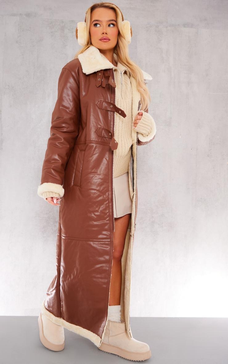 Brown Faux Leather Longline Aviator Belt Detail Coat Product Image