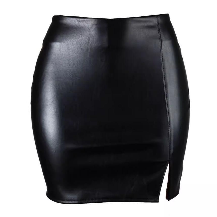 High Waist Plain Side Split Faux Leather Bodycon Mini Skirt Product Image