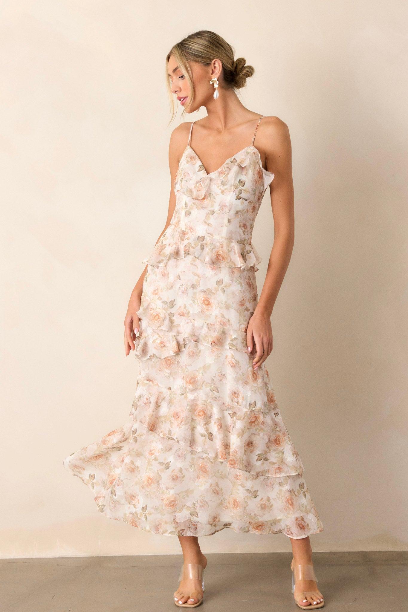 Searching For Love Ivory Floral Ruffle Midi Dress Product Image