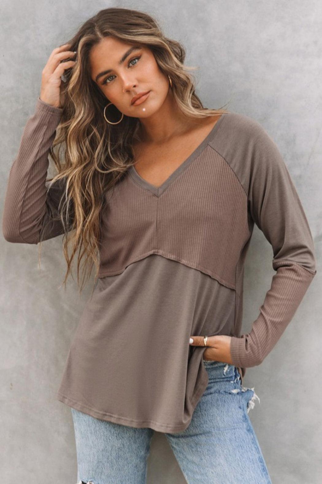 Ribbed Patchwork V Neck Long Sleeve Top Female Product Image