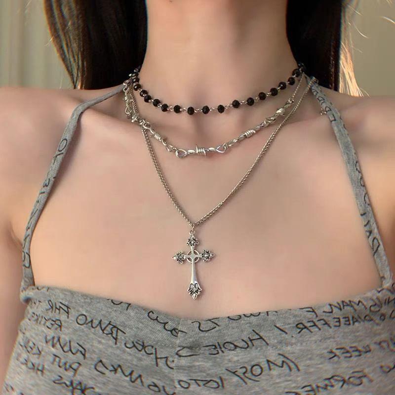 Cross Pendant Alloy Necklace / Thorn Alloy Choker / Glass Bead Alloy Choker Product Image