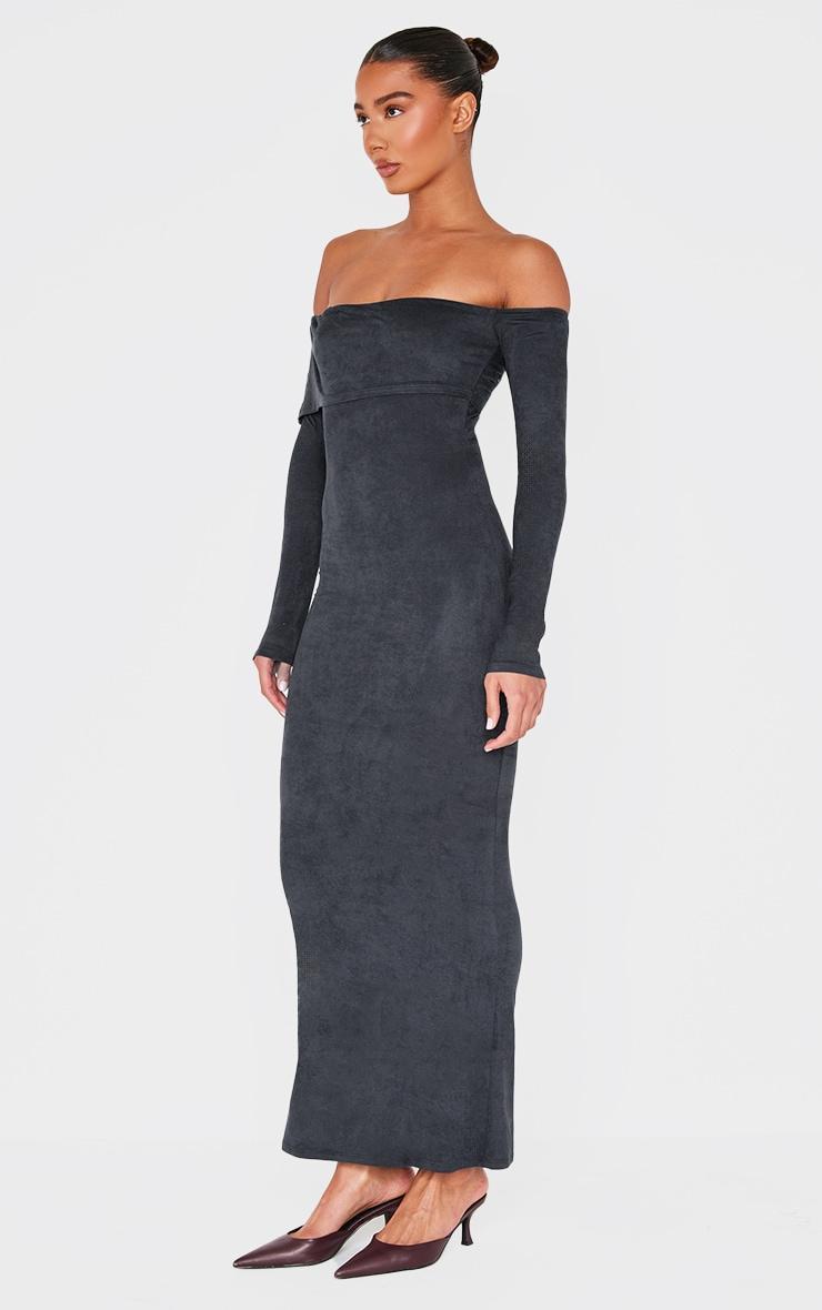 Black Faux Suede Bardot Long Sleeve Maxi Dress Product Image