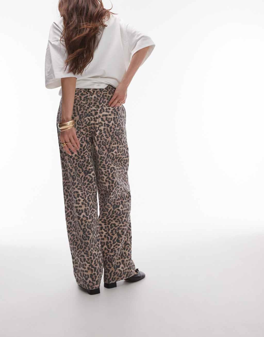 Topshop leopard straight leg denim pants in multi Product Image