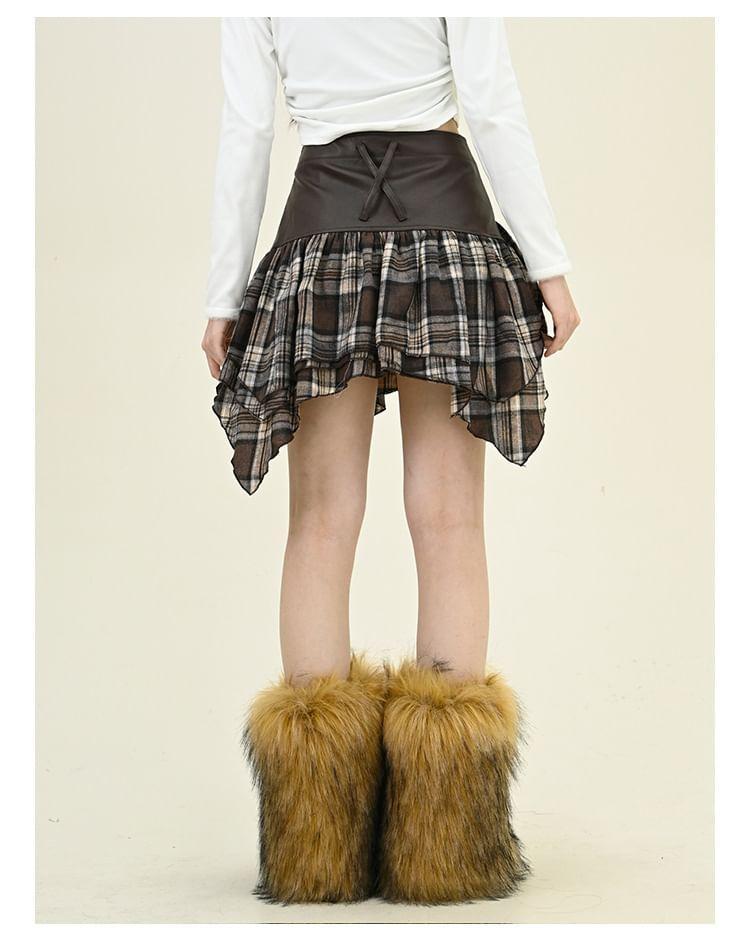 High Waist Plaid Panel Mini A-Line Skirt Product Image