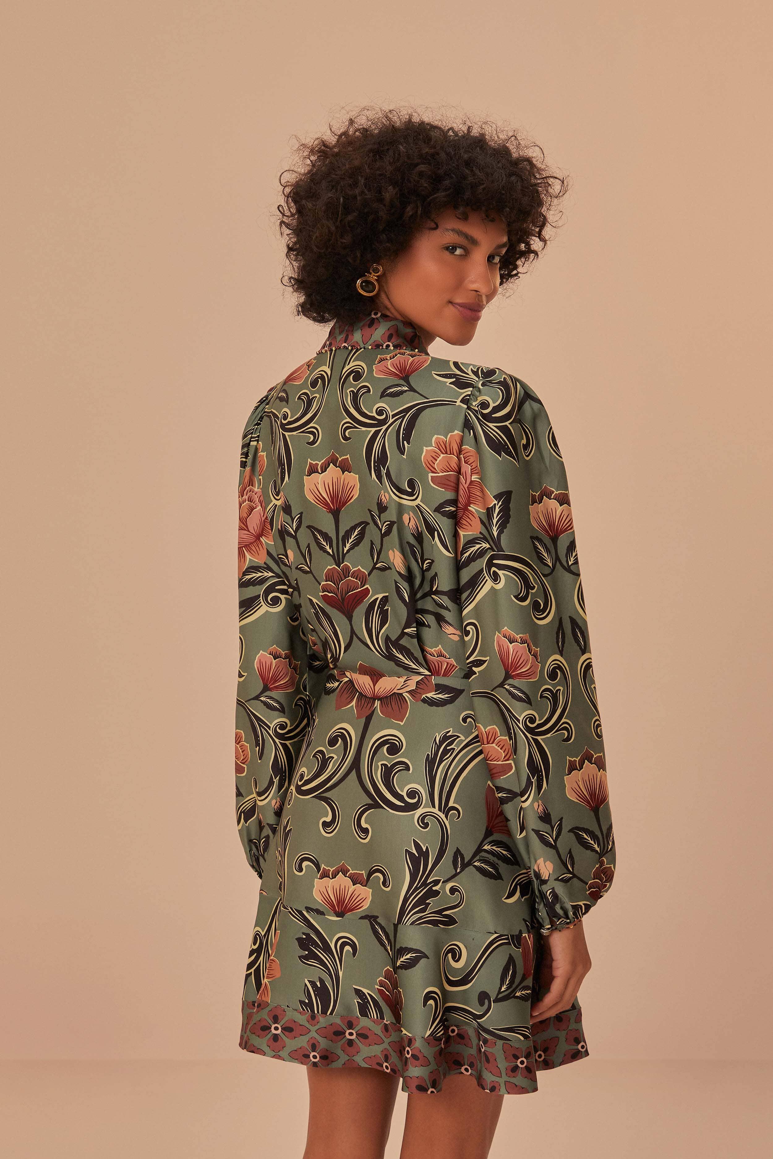 Arabesque Floral Green Long Sleeve Mini Dress Product Image