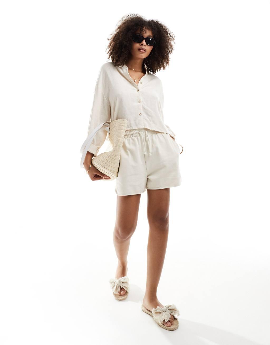 Stradivarius rustic cropped shirt in natural  Product Image