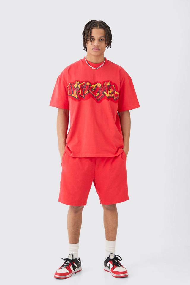 Oversized Super Heavy Embroidered Slogan T-shirt & Short Set | boohooMAN USA Product Image