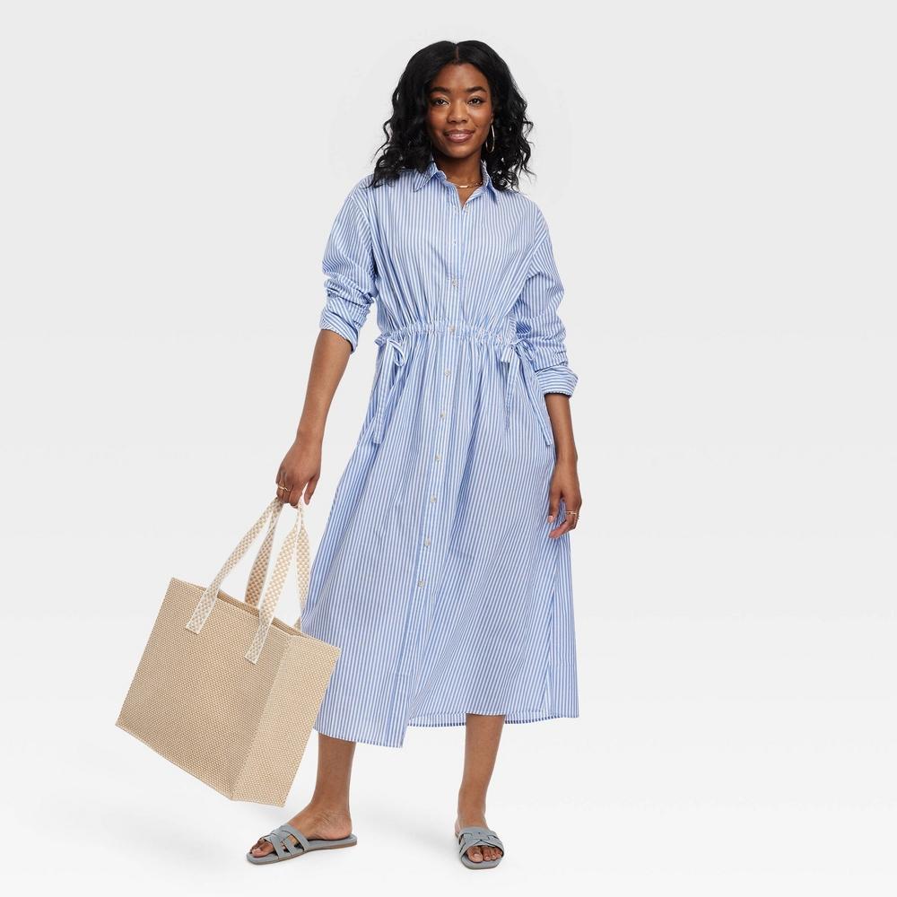 Womens Long Sleeve Cinch Waist Maxi Shirtdress - Universal Thread Blue Striped M Product Image