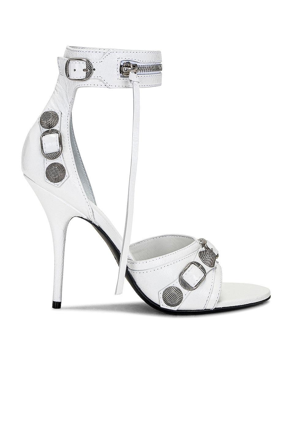 Balenciaga Cagole Sandal in Optic White & Aged Nickel - White. Size 36 (also in 36.5, 37.5, 39, 39.5). Product Image