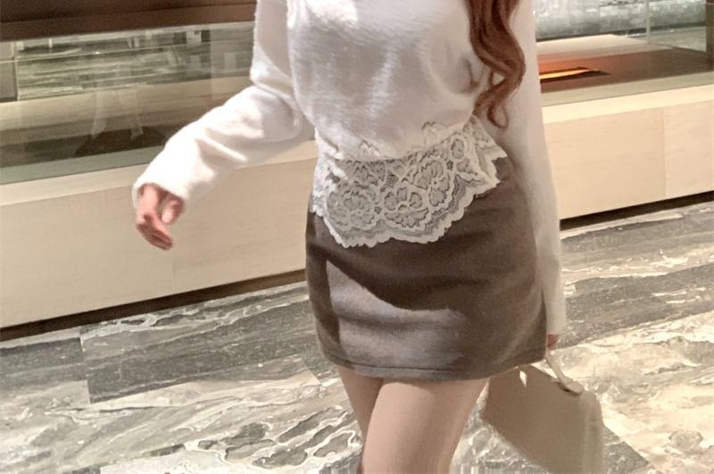 Long-Sleeve Off-Shoulder Plain Lace Panel Floral Accent Knit Top Product Image