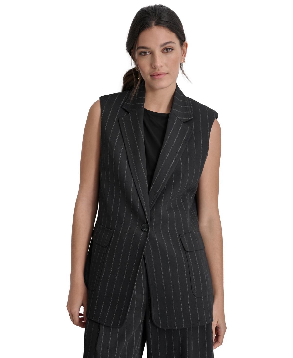 Dkny Womens Striped One-Button Sleeveless Blazer - Blk Product Image