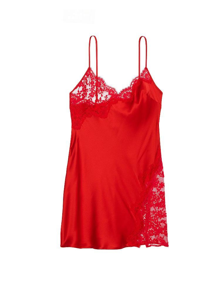 Satin Rose Lace-Trim Asymmetric Slip Dress Product Image