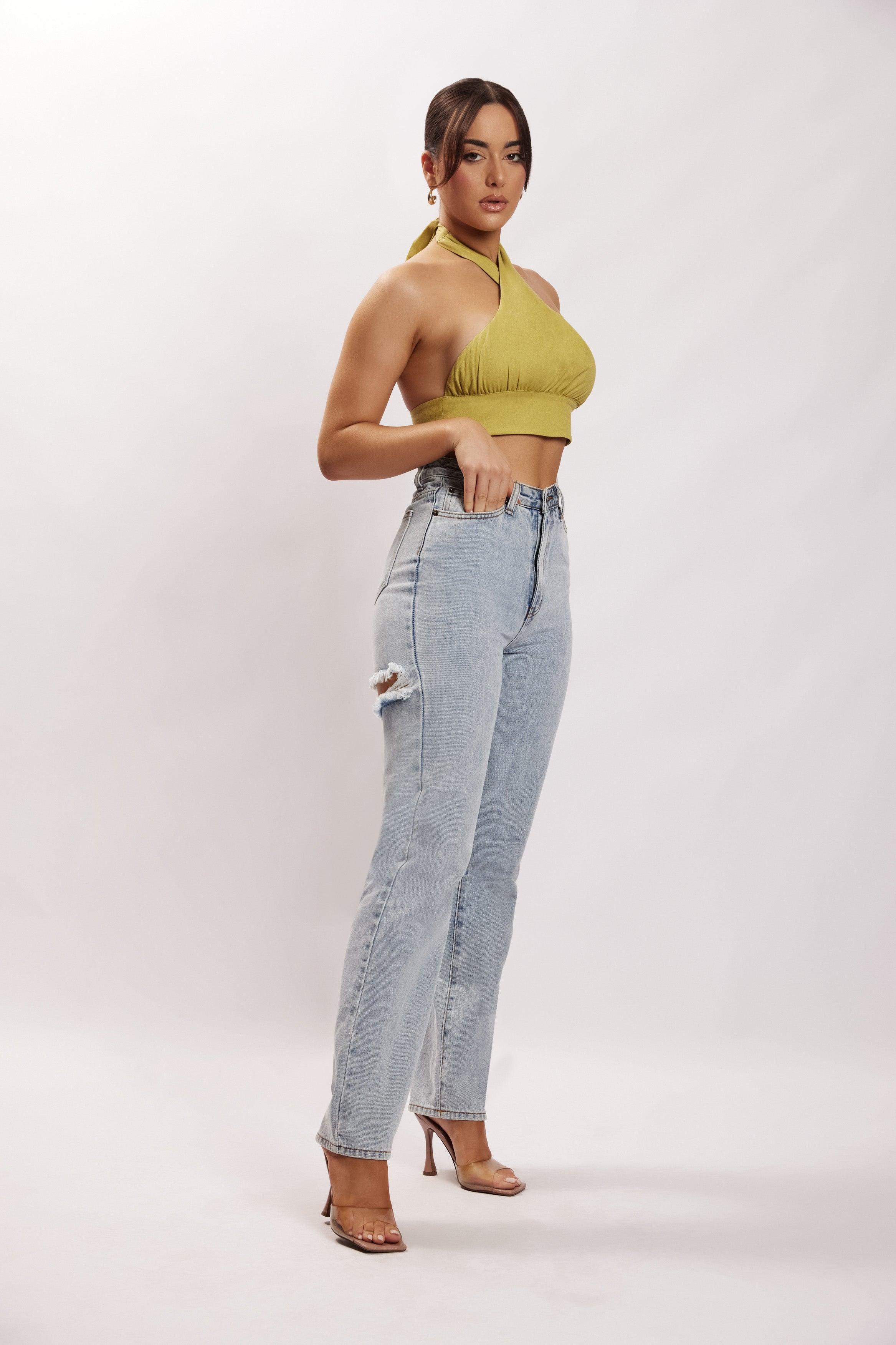 Piper Halter Neck Linen Crop Top - Apple Product Image