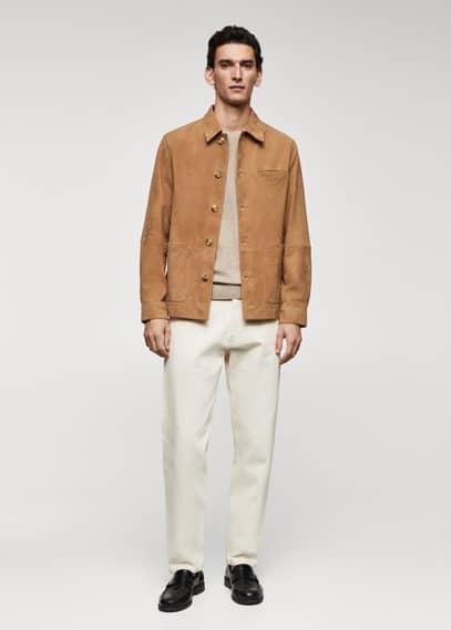 MANGO MAN - Suede leather overshirt with pocket medium brownMen Product Image