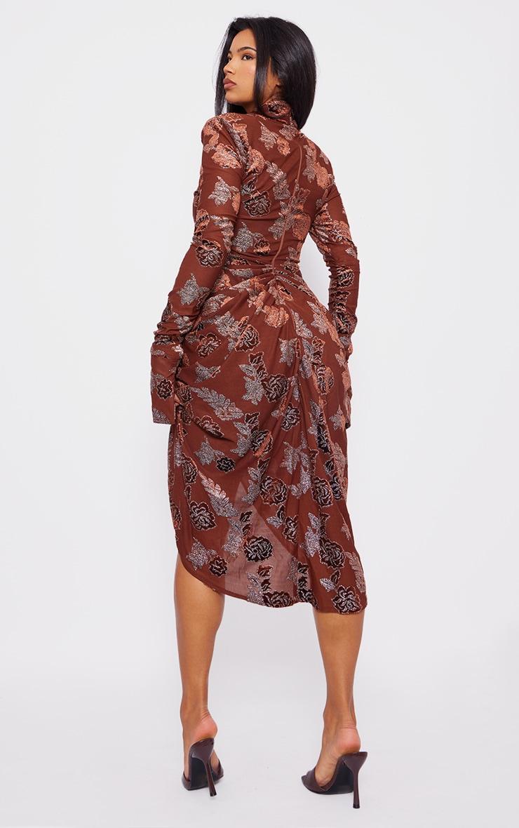 Brown Textured Glitter Velvet Devore High Neck Draped Midi Dress Product Image