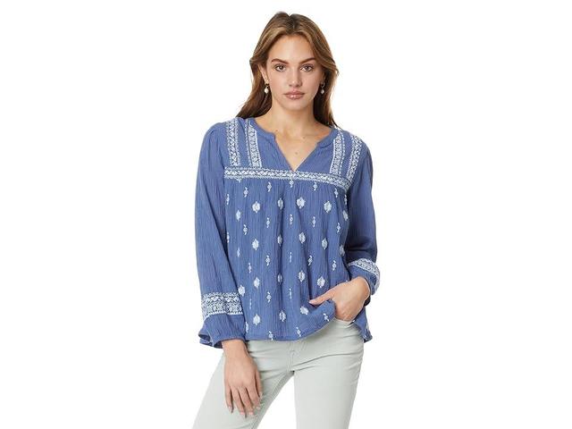 Lucky Brand Embroidered Popover Blouse (Costal Stripe) Women's Clothing Product Image