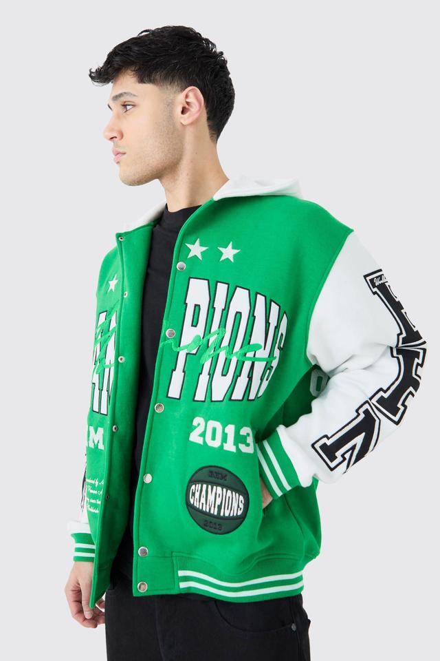 Oversized Applique Basketball Jersey Varsity Jacket | boohooMAN USA Product Image