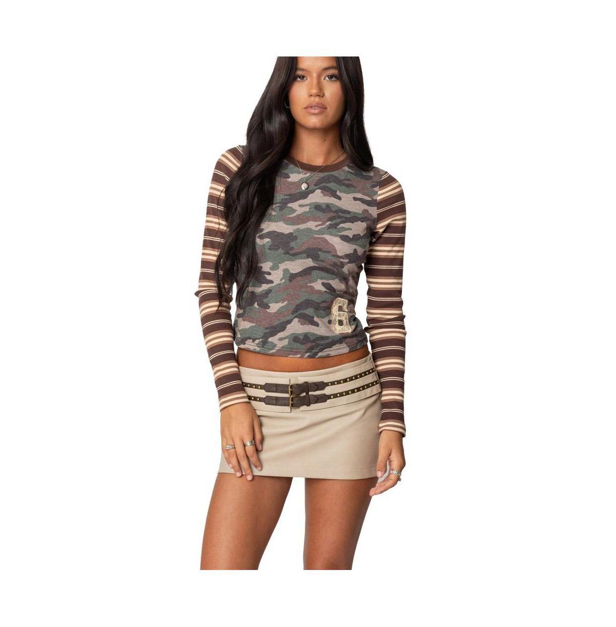 Edikted Womens Camo & Stripe Long Sleeve T Shirt product image