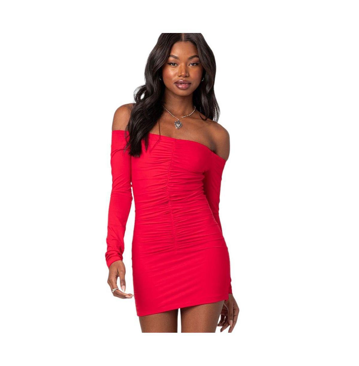 EDIKTED Off the Shoulder Ruched Long Sleeve Minidress product image