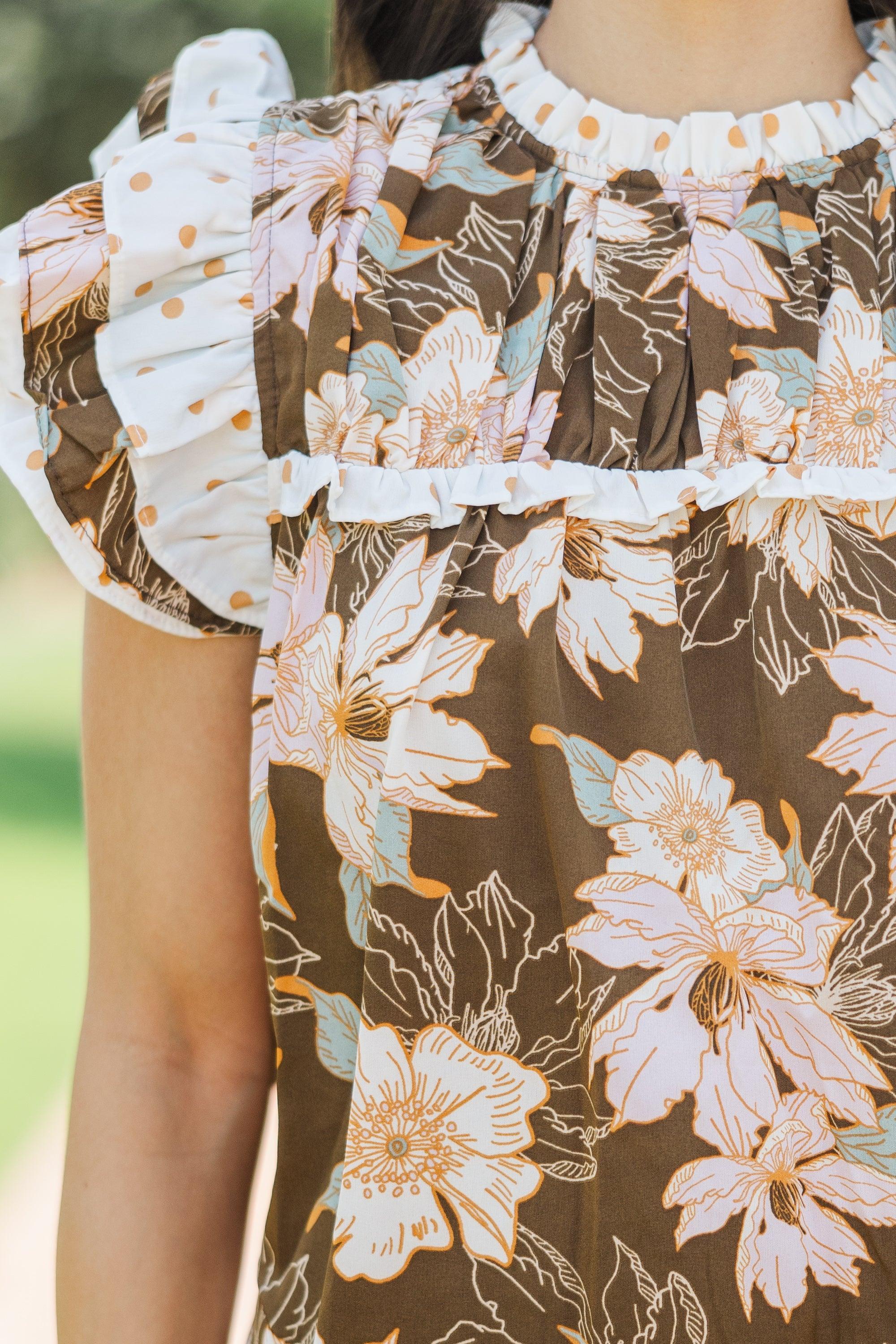 Full Of Love Brown Floral Ruffled Blouse Female Product Image