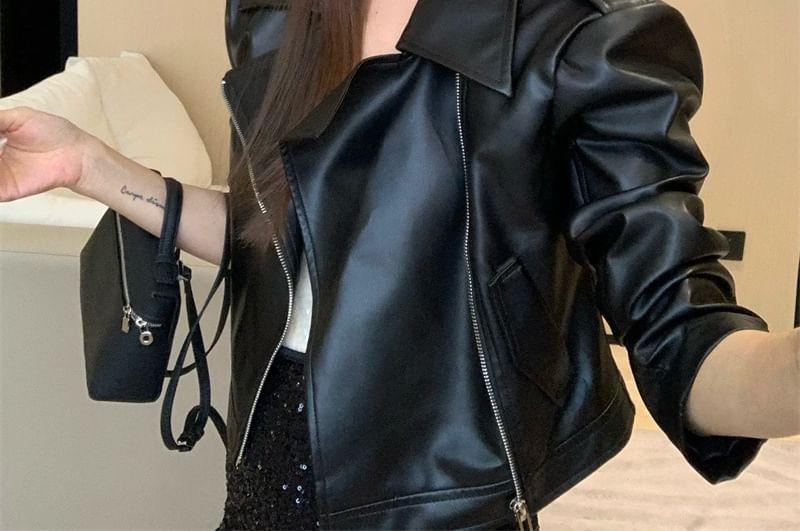 Collared Plain Faux Leather Zip Biker Jacket Product Image