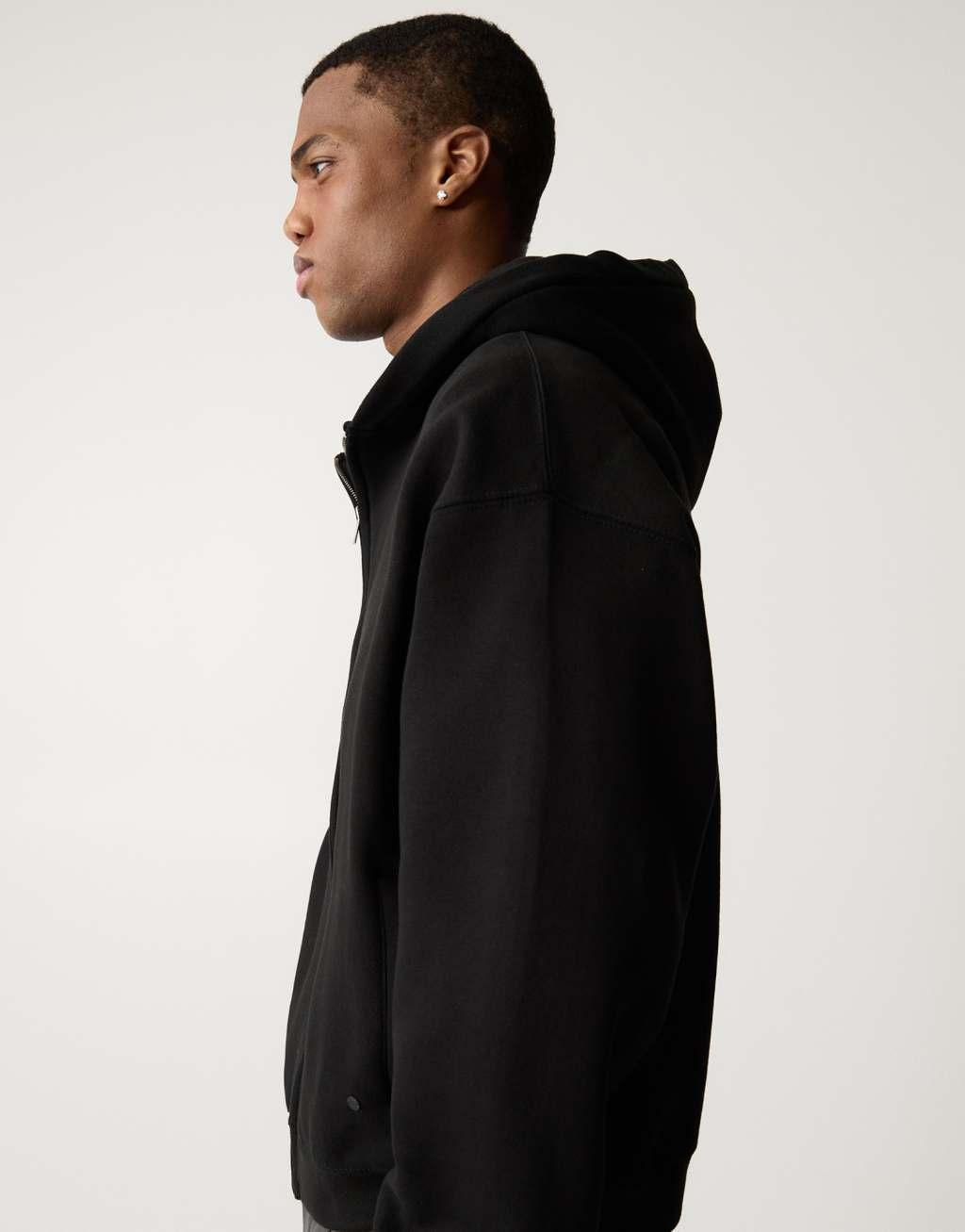 Pull&Bear zip through boxy fit hoodie in black Product Image