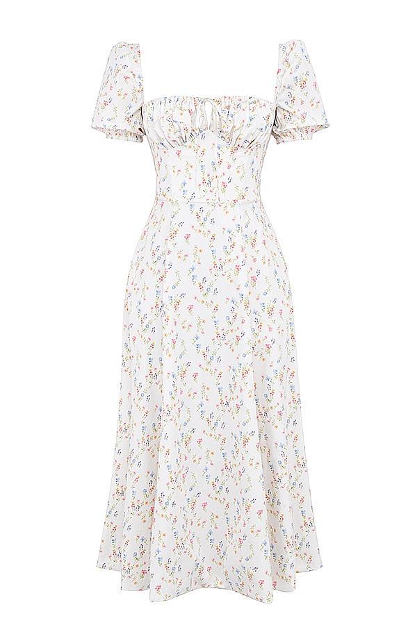 Tallulah White Posy Print Cotton Puff Sleeve Midi Sundress Product Image