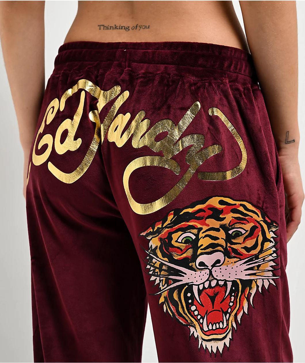 Ed Hardy Retro Tiger Burgundy Velour Track Pants Product Image