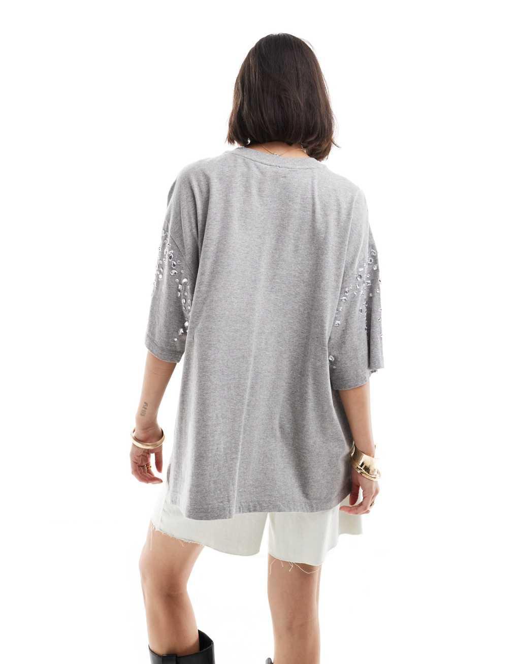 ASOS DESIGN crystal embellished oversized t-shirt in gray Product Image