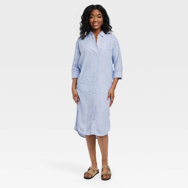 Womens 3/4 Sleeve Midi Shirtdress - Universal Thread Blue Striped M Product Image