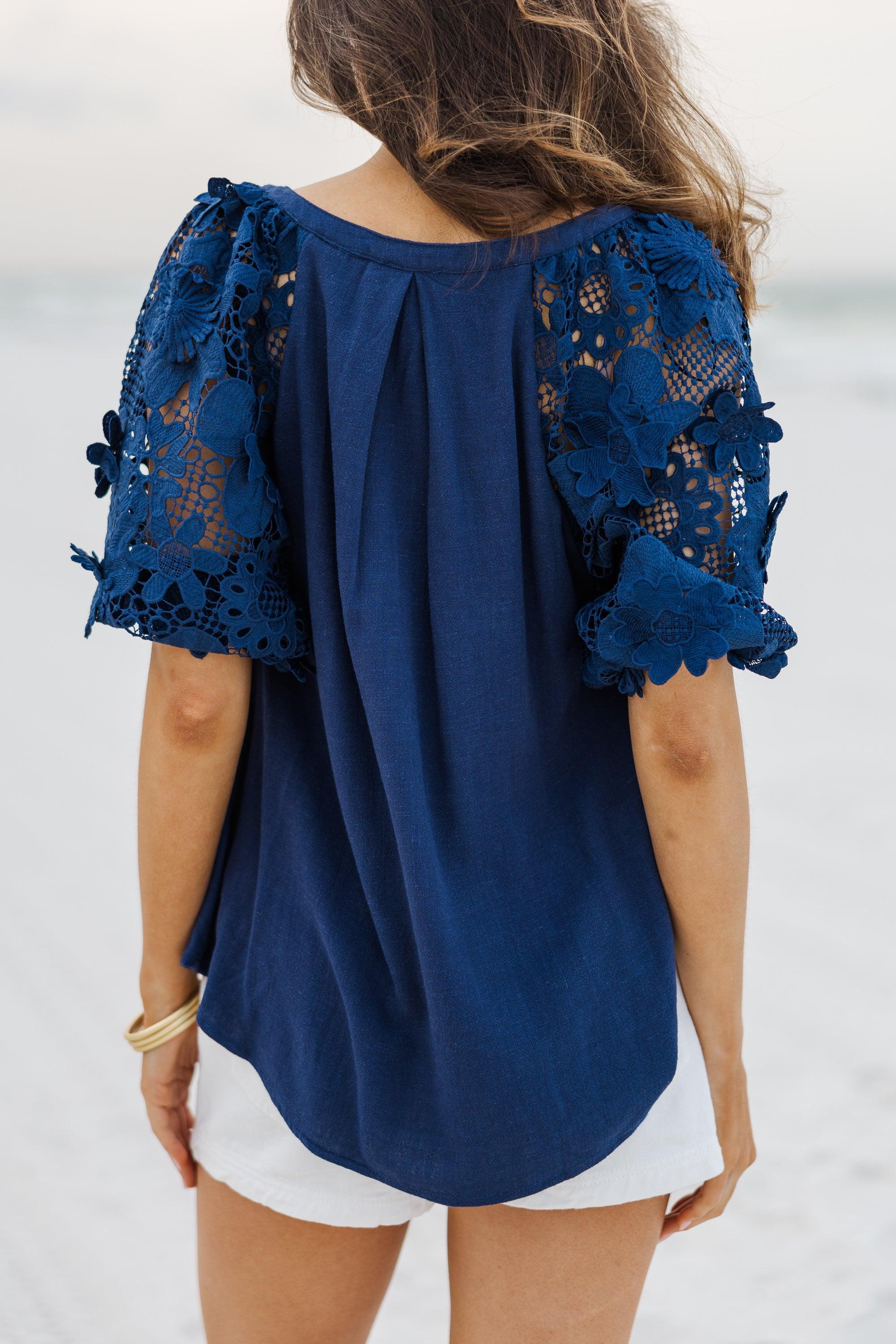 Look At You Now Navy Blue Crochet Blouse Female Product Image