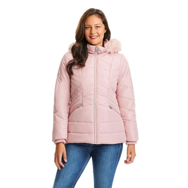 Womens d.e.t.a.i.l.s Faux-Fur Hood Quilted Jacket Ice Pink Product Image