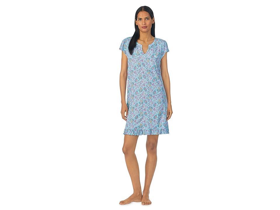 LAUREN Ralph Lauren Short Ruffle Sleeve Gown (Turquoise Floral) Women's Pajama Product Image