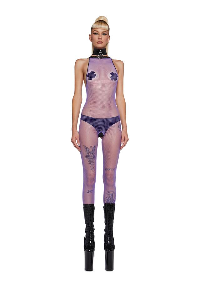 Stretchy Sheer Fishnet Mesh Contrasting Color Crotchless Bodysuit - Purple/Black Product Image