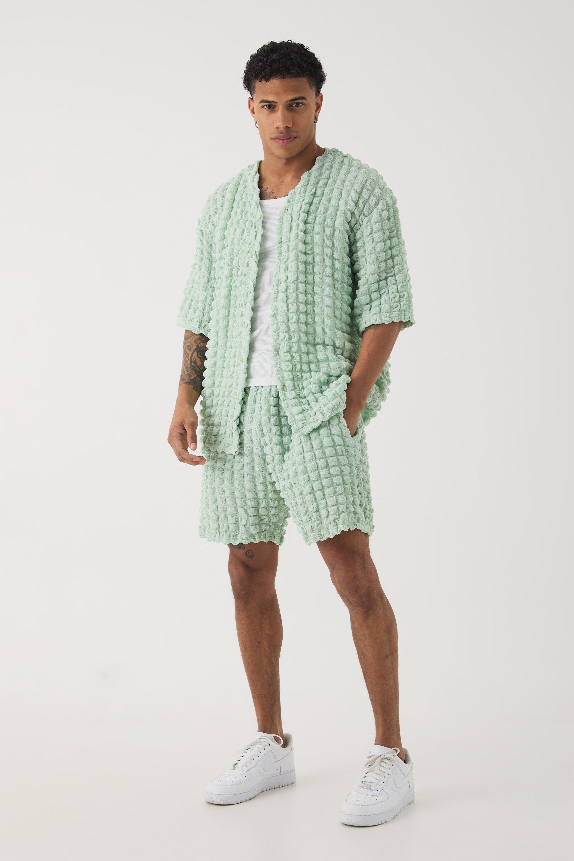 Mens Green Oversized Popcorn Collarless Polo Shirt & Shorts Set, Green Product Image