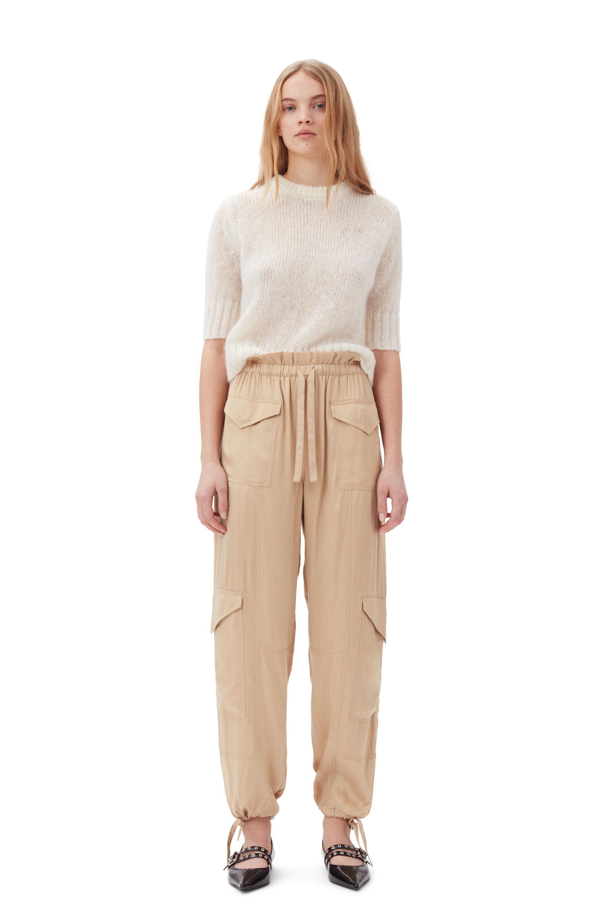 Beige Washed Satin Pocket Trousers Product Image